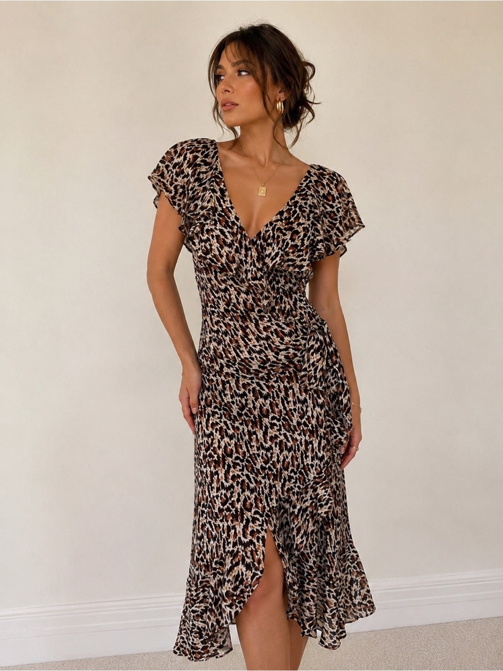 Y2K Sheri Martin Leopard Print Ruffle Wrap Midi Dress Size 12